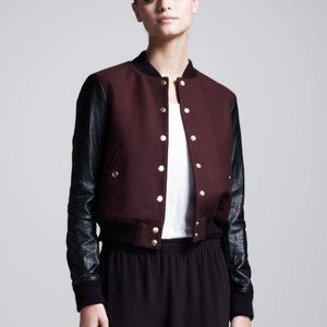 Theory Varsity Jacket Womens P Burgundy Dex Wool Leather Sleeves Academia Retro